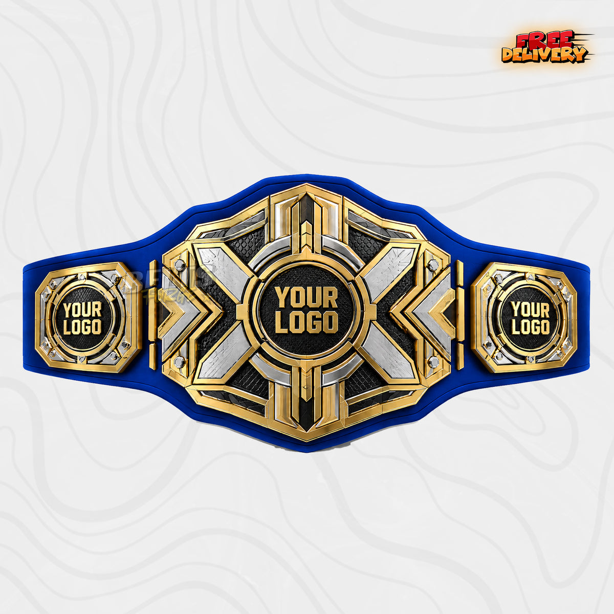 Custom Angular Chevron X Championship Belt in royal blue genuine leather strap showing gold silver angular plates with three logo plates