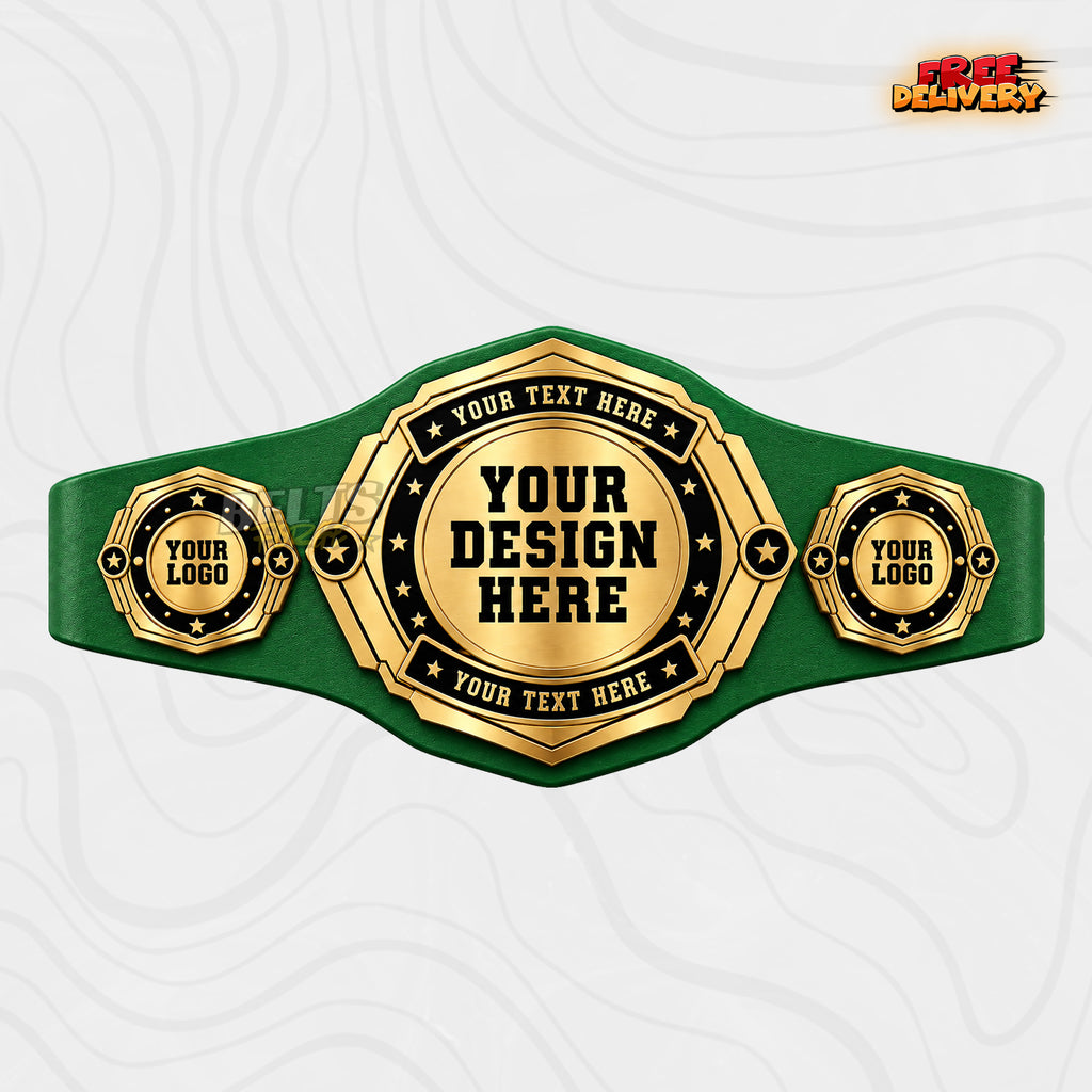 Custom Gold Octagon Championship Belt in green genuine leather strap showing gold star plates ready for custom design