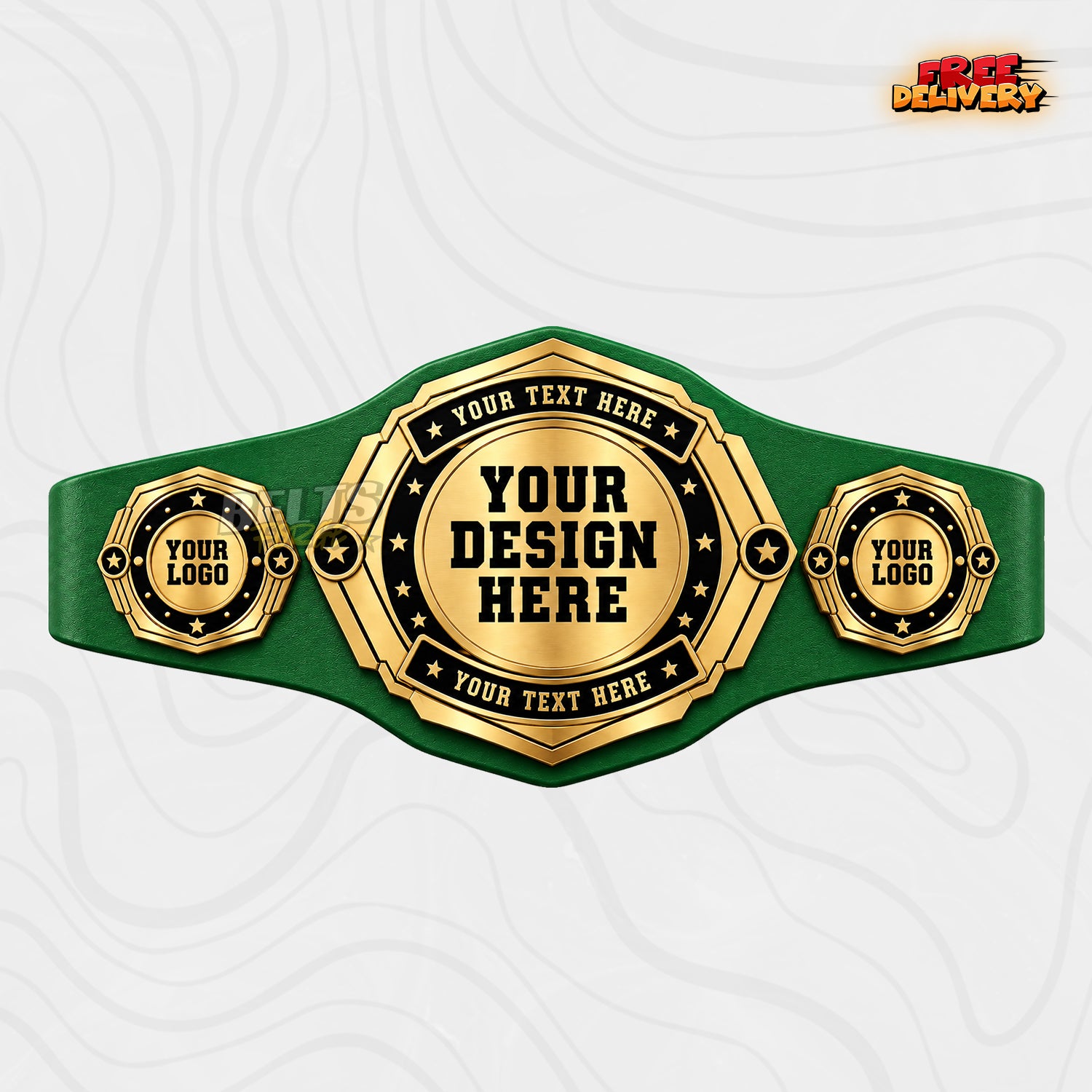 Custom Gold Octagon Championship Belt in green genuine leather strap showing gold star plates ready for custom design