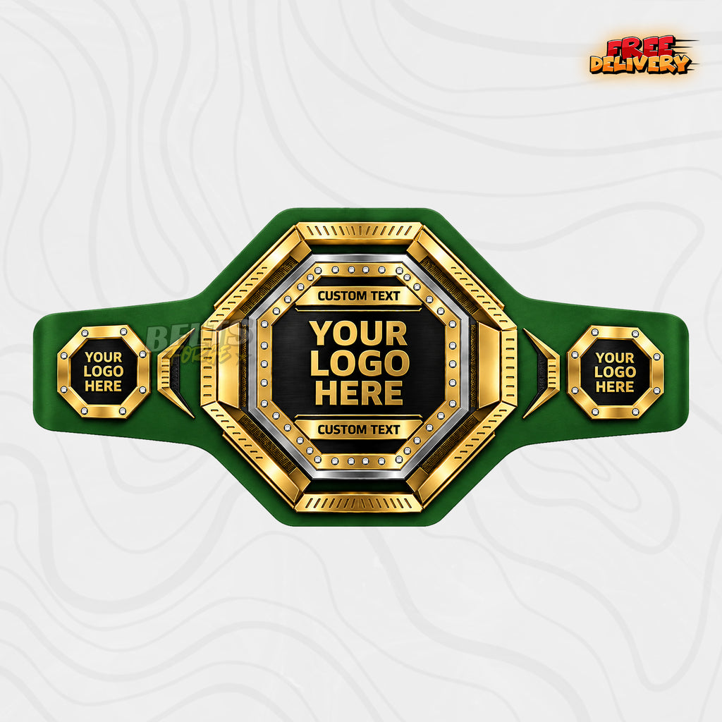 Custom Rhinestone Octagon Championship Belt in green genuine leather strap showing gold studded octagon plates