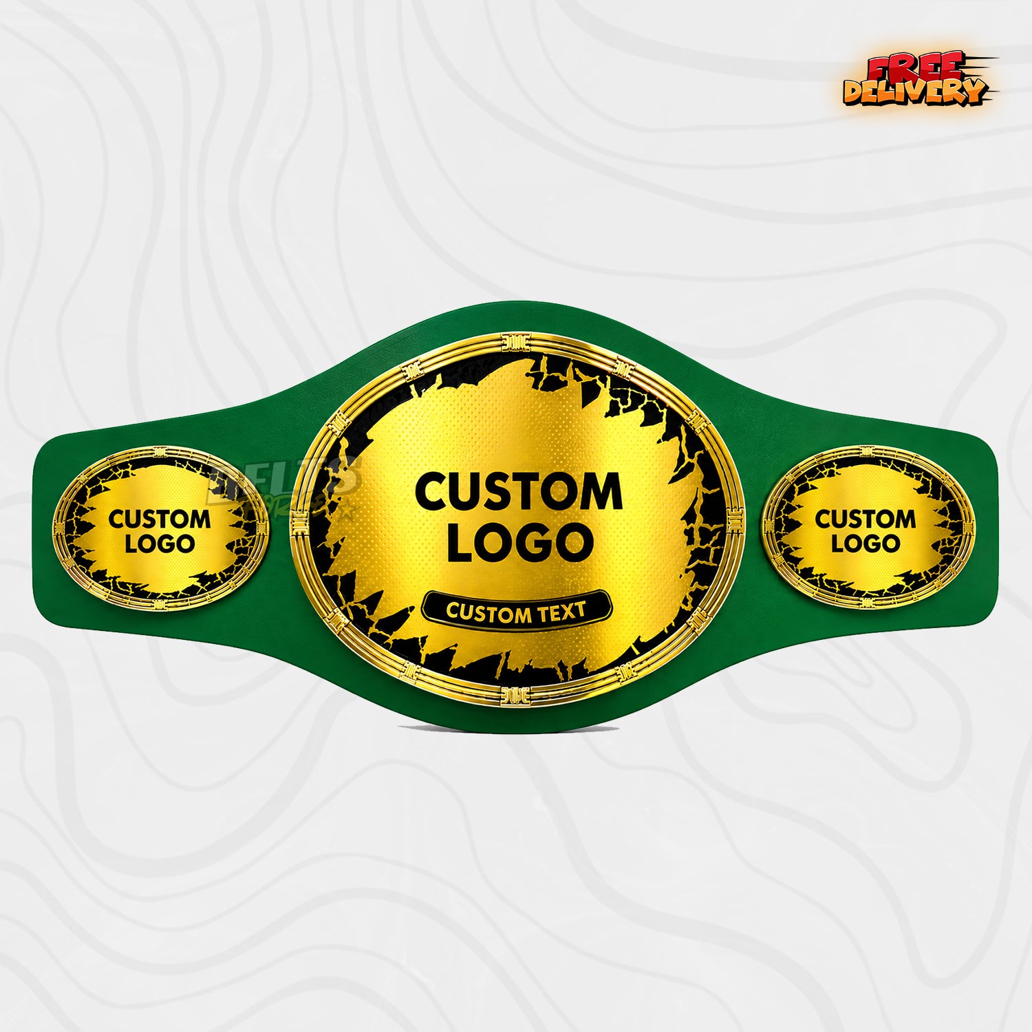 Custom Shattered Oval Championship Belt in green genuine leather strap showing three gold oval plates ready for custom logo and text