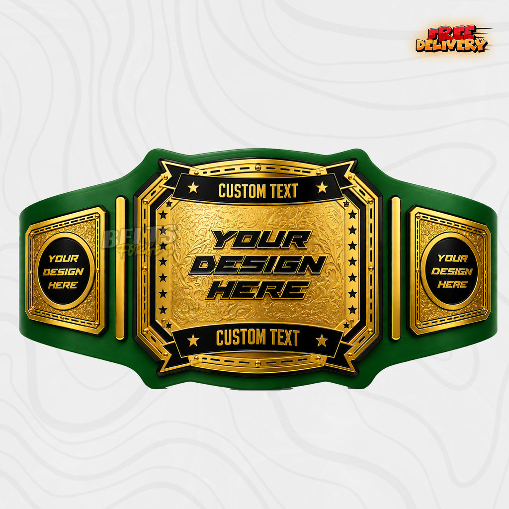 Custom Western Rodeo Championship Belt in green genuine leather strap showing gold western engraved plates with custom text ribbons