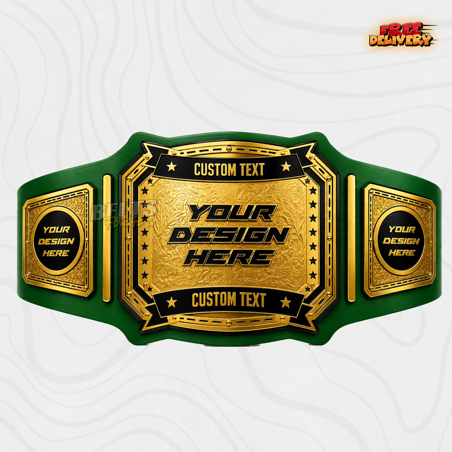 Custom Western Rodeo Championship Belt in green genuine leather strap showing gold western engraved plates with custom text ribbons