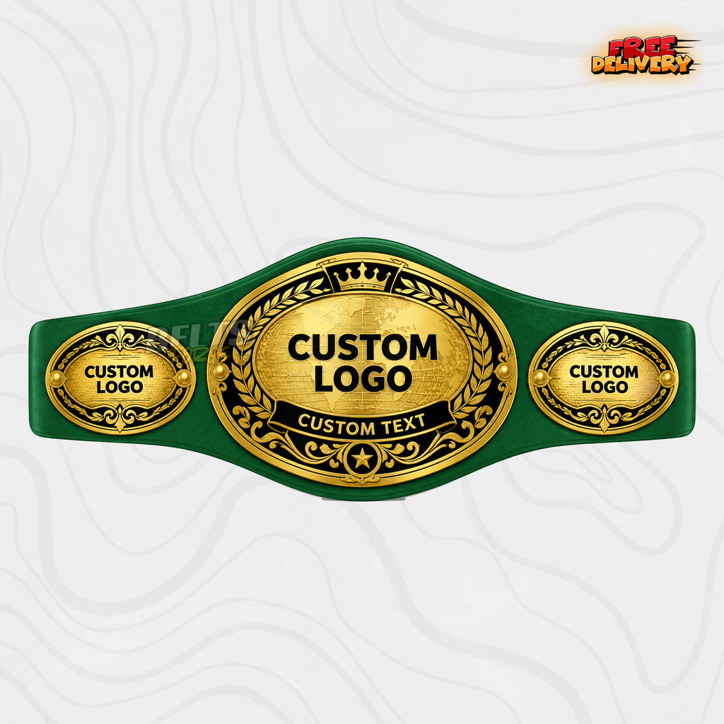 Custom Oval World Globe Championship Belt in green genuine leather strap showing gold world globe plate with three logo side plates by Belts Forge