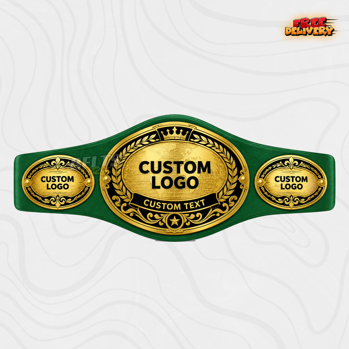 Custom Oval World Globe Championship Belt in green genuine leather strap showing gold world globe plate with three logo side plates by Belts Forge