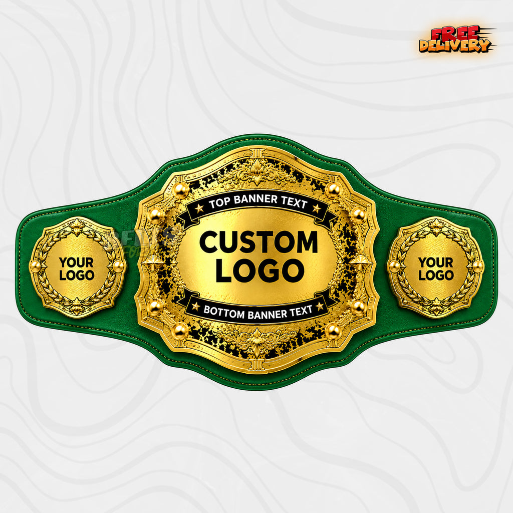 Custom Laurel Wreath Gold Championship Belt in green genuine leather strap showing gold wreath plates ready for custom logo and text