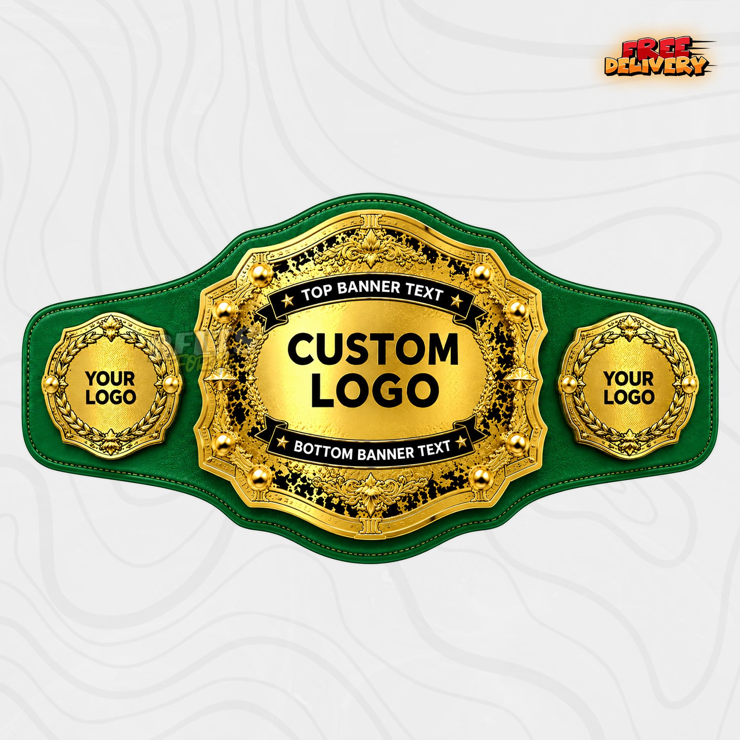 Custom Laurel Wreath Gold Championship Belt in green genuine leather strap showing gold wreath plates ready for custom logo and text