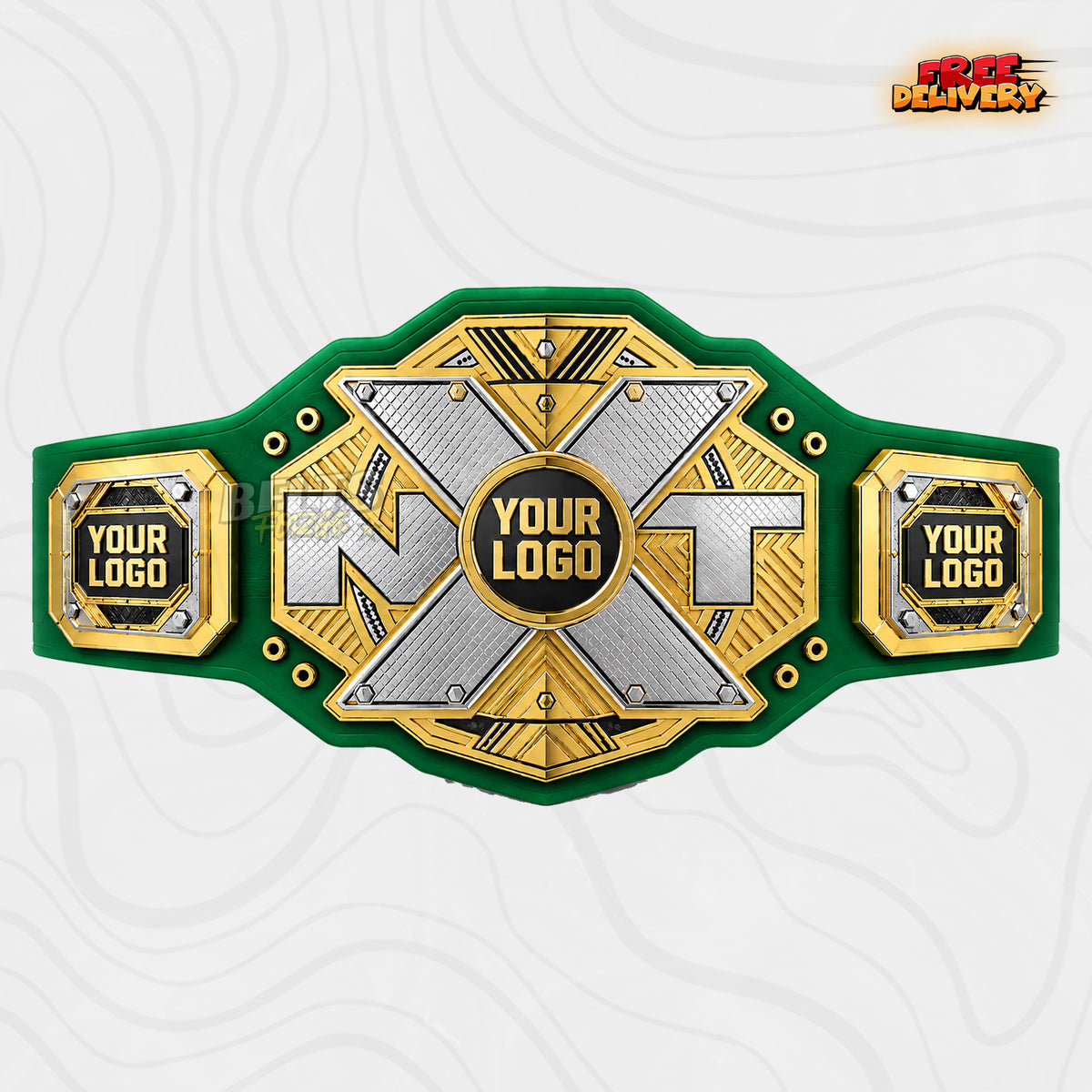 Custom Silver Gold X Plate Championship Belt in green genuine leather strap showing silver and gold two-tone plates ready for your logo