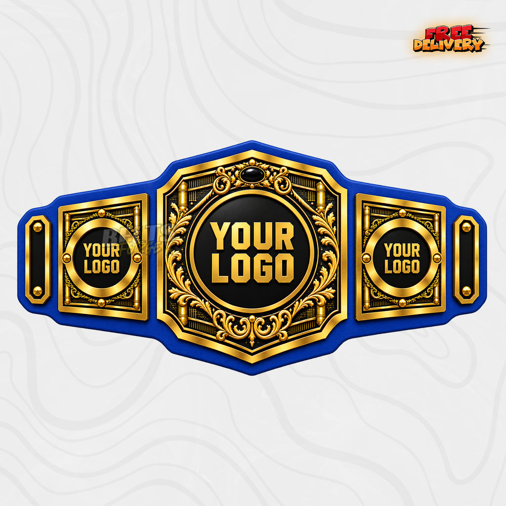 Custom Ornate Gold Championship Belt in blue genuine leather strap showing gold plates with black onyx gem detail