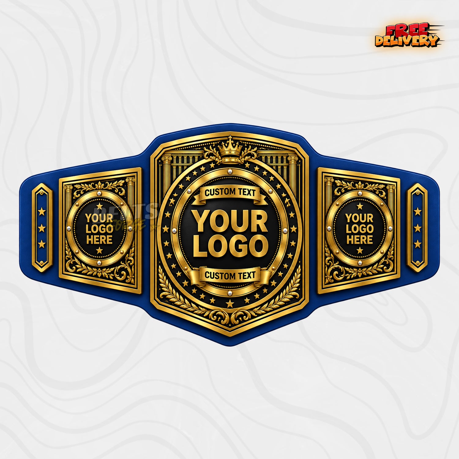 Custom Roman Column Championship Belt in royal blue genuine leather strap showing ornate gold plates with laurel crown