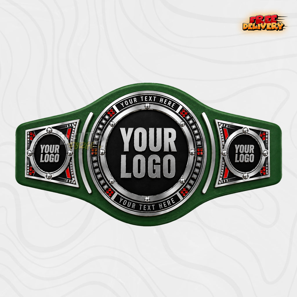 Custom Silver Ruby Round Championship Belt in green genuine leather strap showing silver plates with diamond side plates