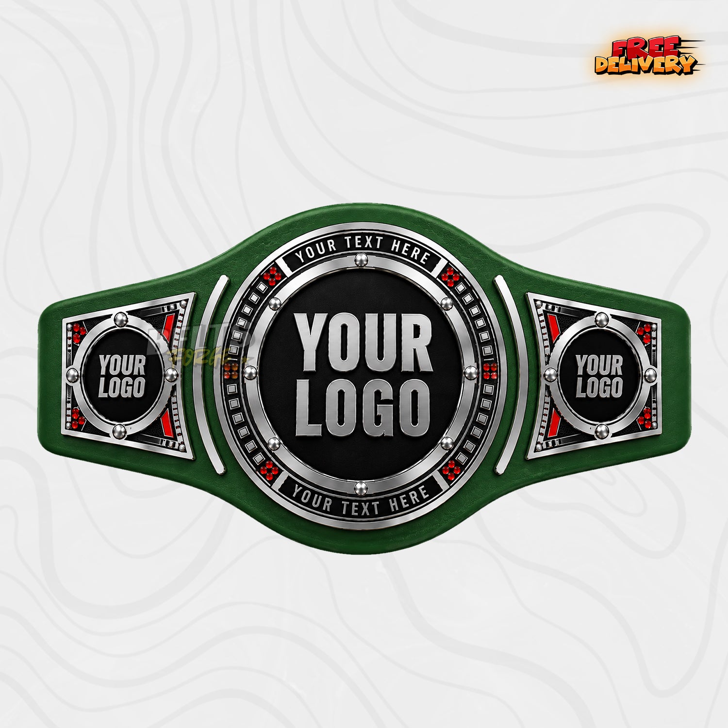 Custom Silver Ruby Round Championship Belt in green genuine leather strap showing silver plates with diamond side plates