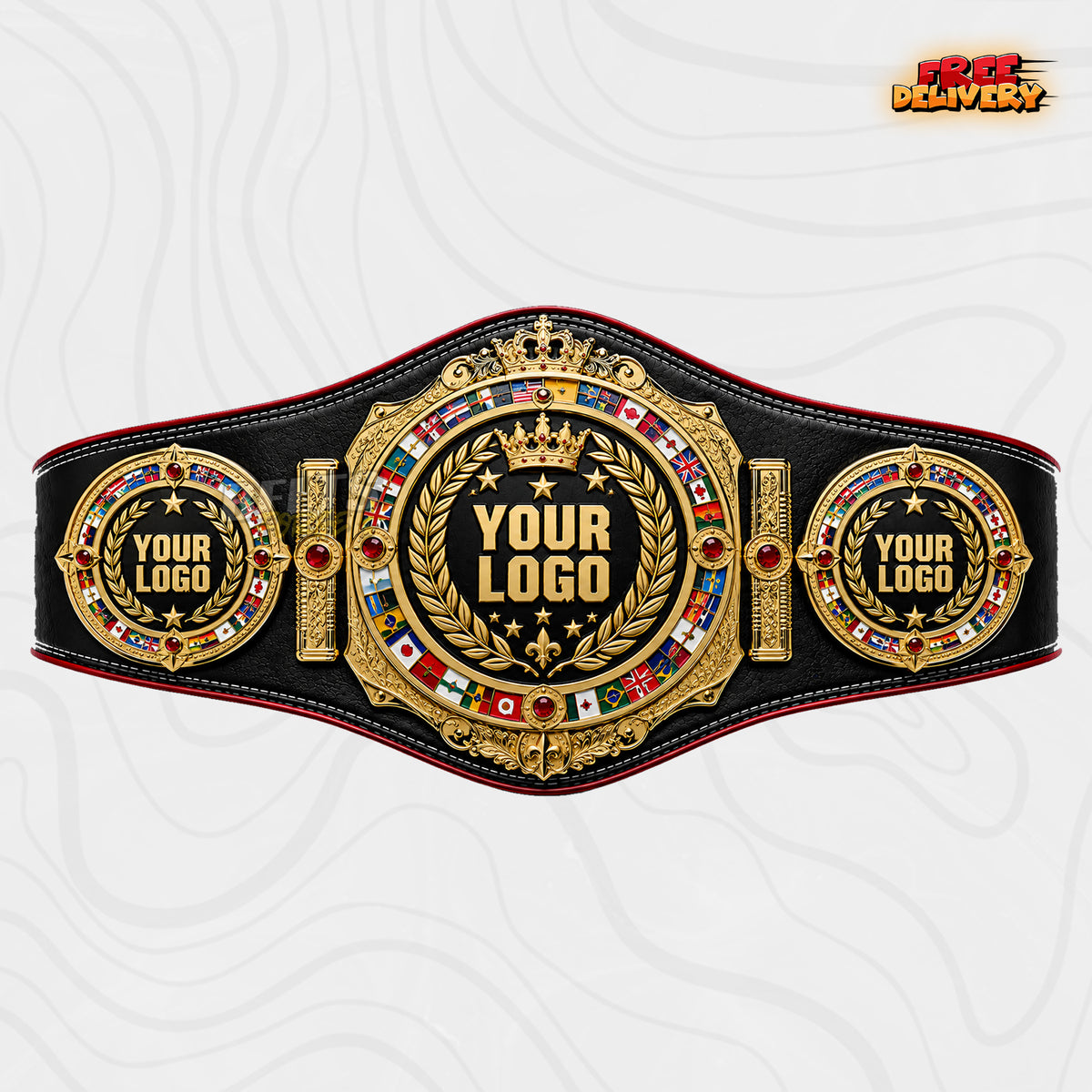 Custom Crown World Flags Boxing Championship Belt in black and red genuine leather strap showing gold crown world flags plate with ruby gems by Belts Forge