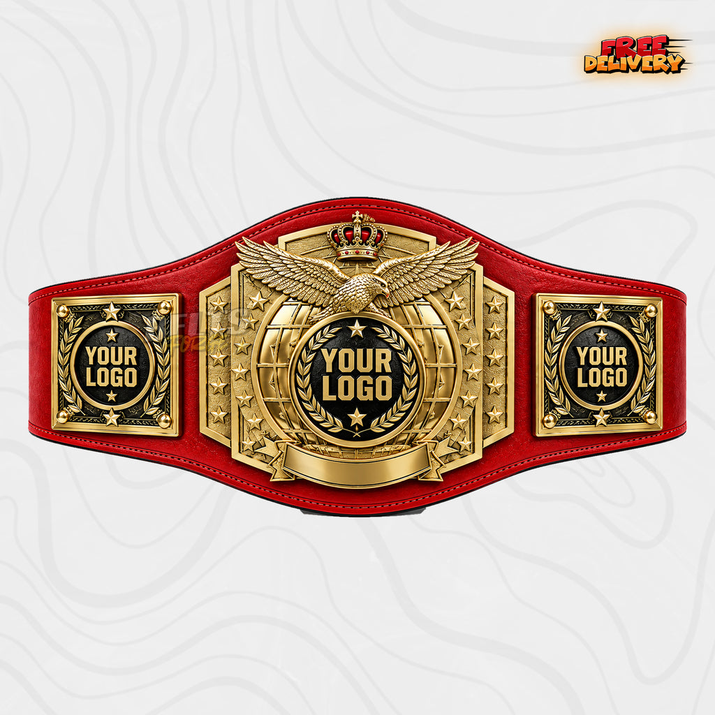 Custom Eagle Crown Globe Championship Belt in red genuine leather strap showing gold eagle crown globe plate with personalized logo