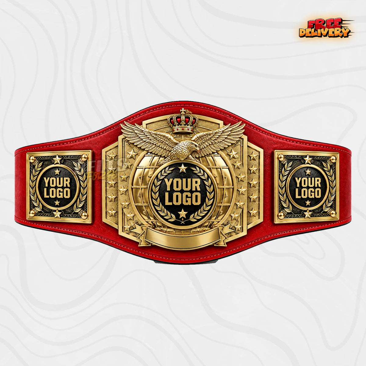 Custom Eagle Crown Globe Championship Belt in red genuine leather strap showing gold eagle crown globe plate with personalized logo