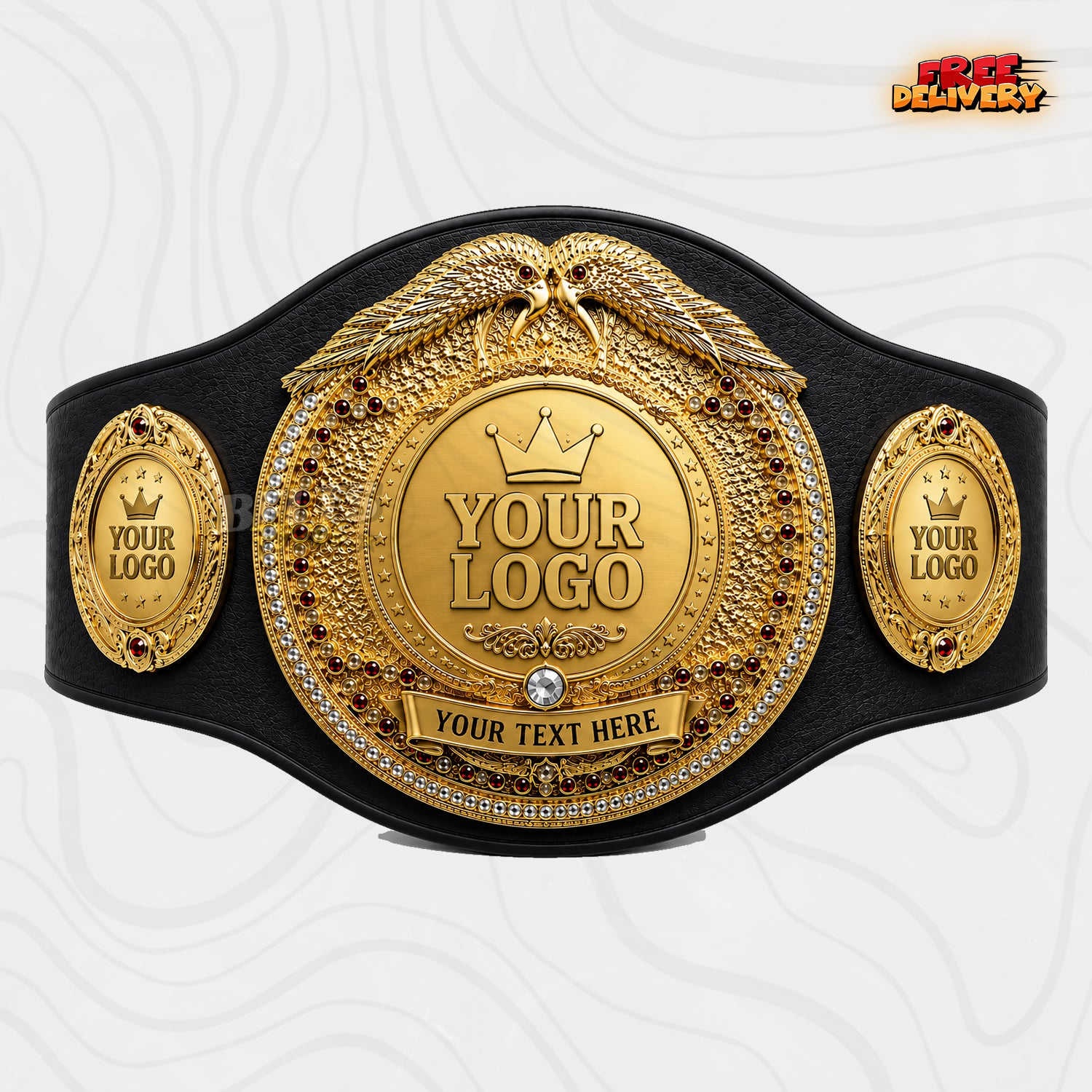 Custom Boxing Twin Eagle Championship Belt in black genuine leather strap showing gold twin eagle plate with pearl and ruby beads by Belts Forge