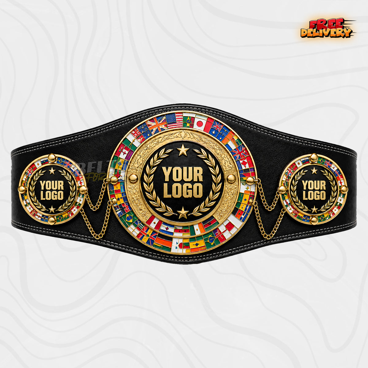 Custom World Flags Boxing Championship Belt in black genuine leather strap showing gold world flags round plate with chain links by Belts Forge