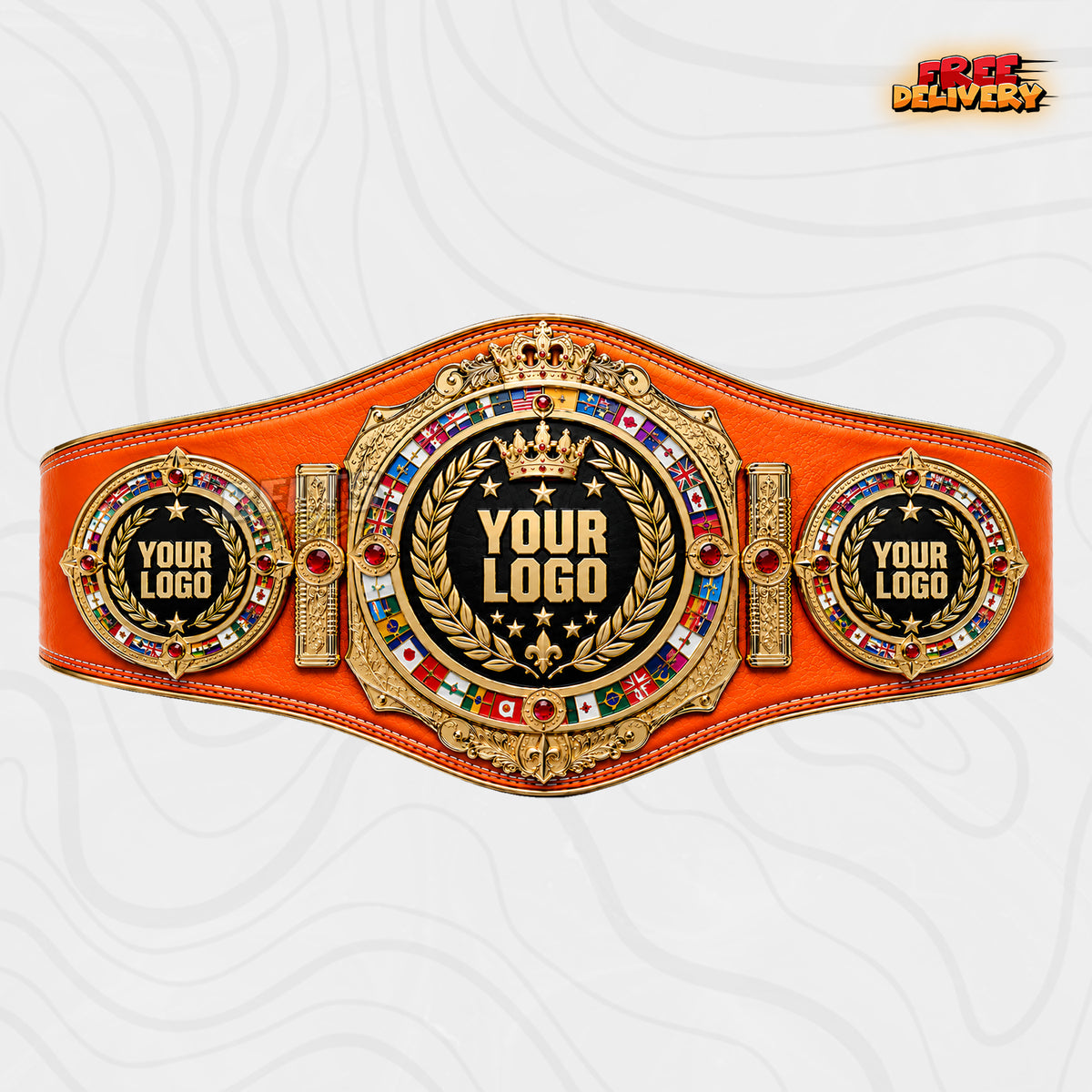 Custom Crown World Flags Boxing Championship Belt in orange genuine leather strap showing gold crown laurel flag medallion with three logo plates