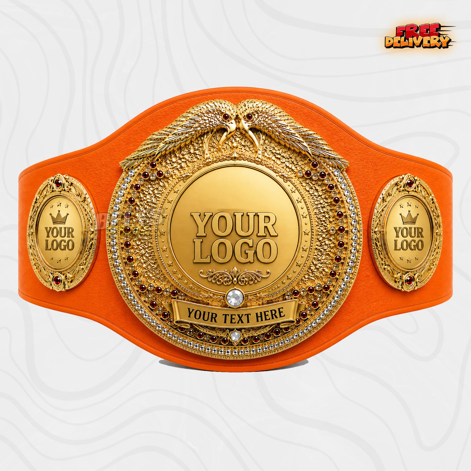 Custom Boxing Twin Eagle Championship Belt in orange genuine leather strap showing gold round plate with red gems, crown and text ribbon