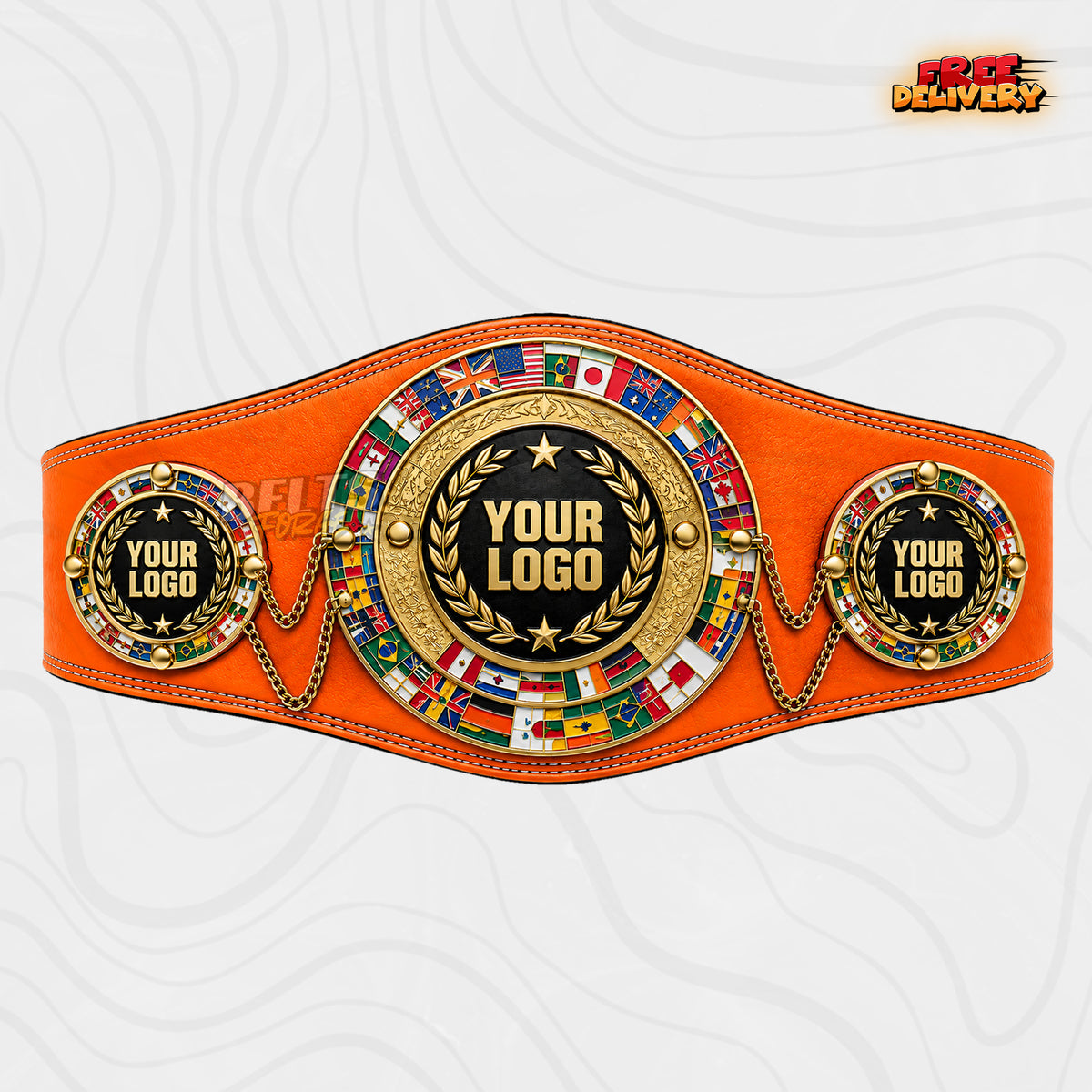 Custom World Flags Boxing Championship Belt in orange genuine leather strap showing gold world flag medallion with three logo plates