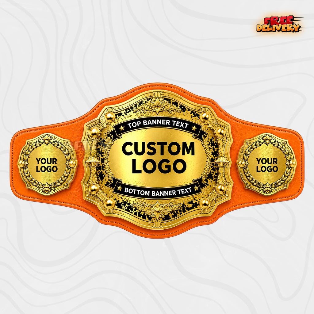 Custom Laurel Wreath Gold Championship Belt in orange genuine leather strap showing antique gold plates with laurel medallion side plates