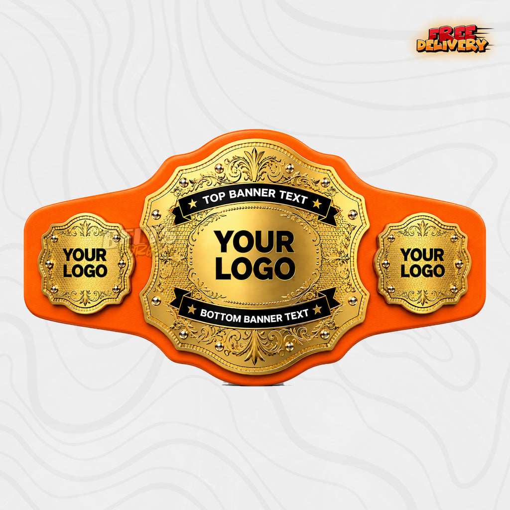 Custom Scalloped Gold Championship Belt in orange genuine leather strap showing baroque gold plates with dual banner text