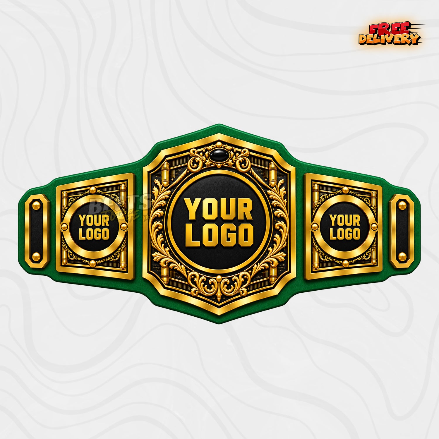 Custom Ornate Gold Championship Belt in green genuine leather strap showing baroque gold scrollwork plates