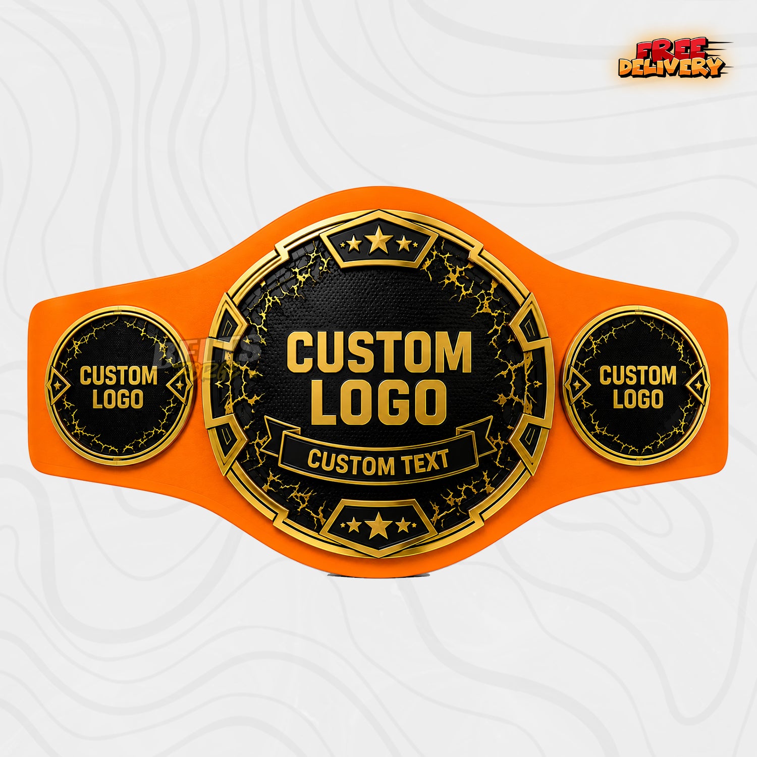 Custom Black and Gold Star Championship Belt in orange genuine leather strap showing black gold cracked plate with custom logo and text