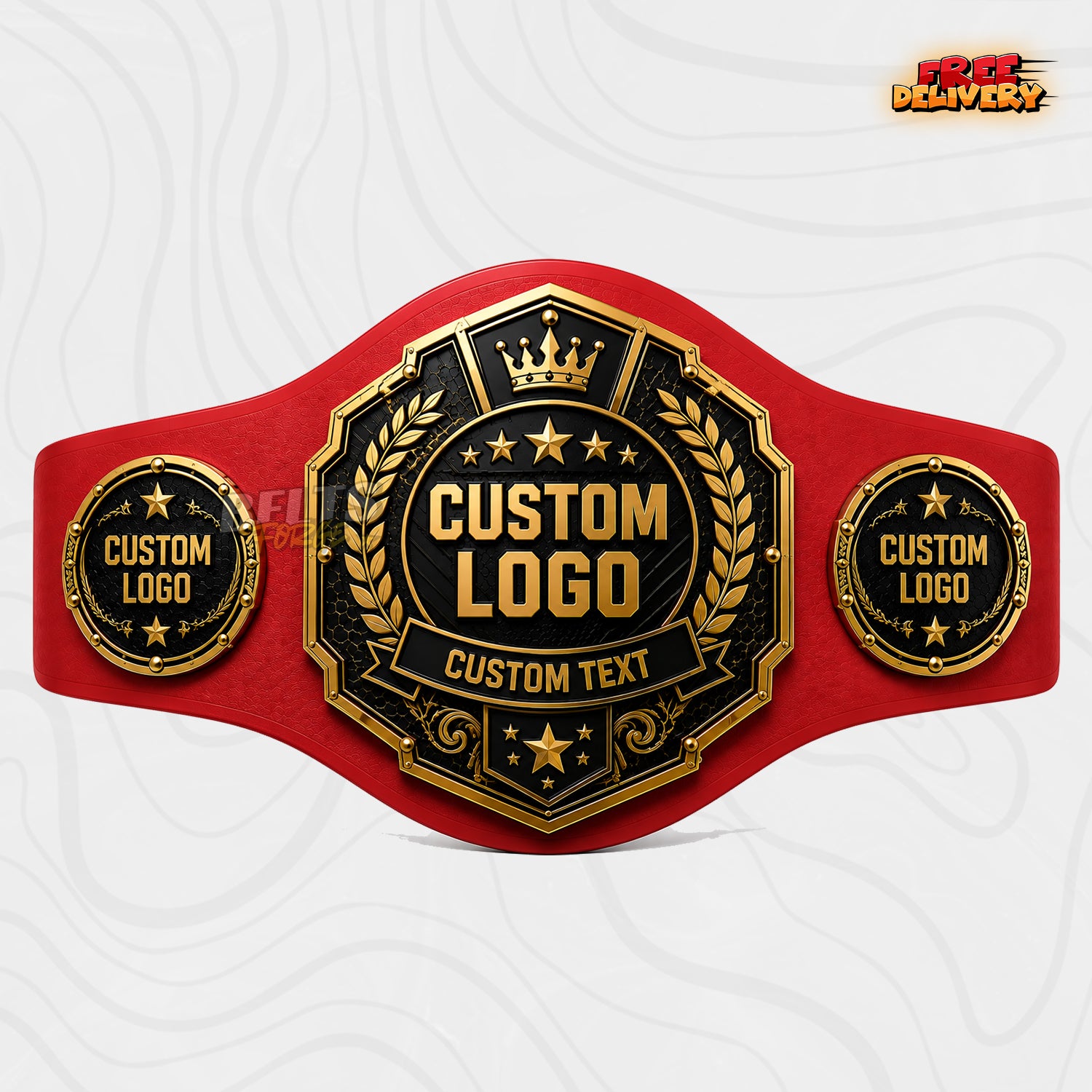 Custom Crown Octagon Championship Belt in red genuine leather strap showing black and gold crown crest plates with custom text