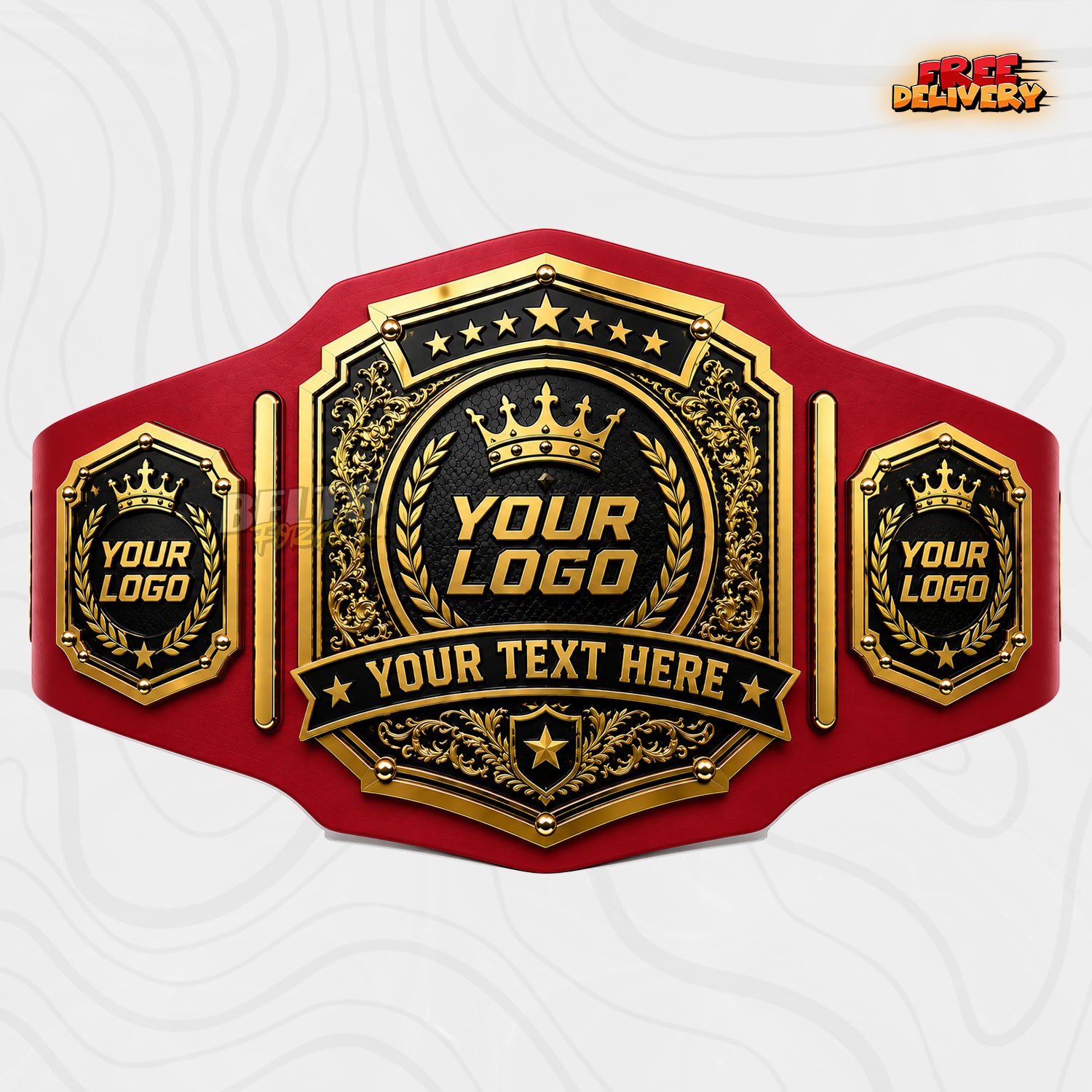 Custom Black and Gold Filigree Medallion Championship Belt in red genuine leather strap showing crown laurel logo side plates