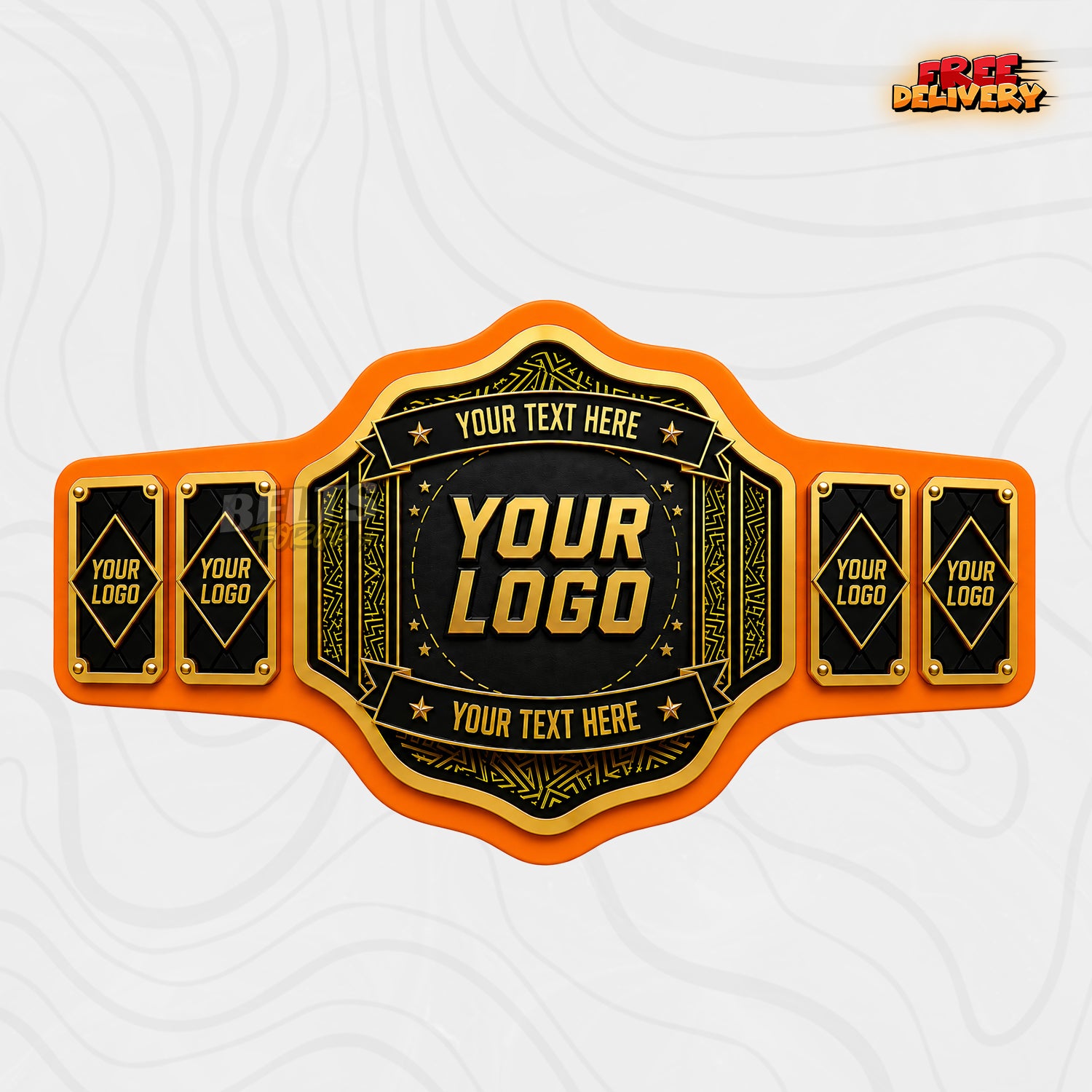 Custom Black and Gold Banner Championship Belt in orange genuine leather strap showing four side plates with custom logo and text