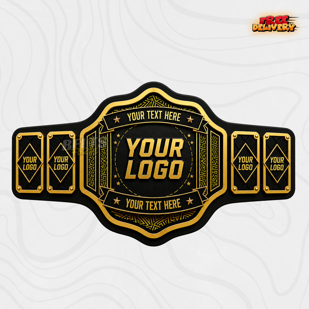 Custom Black and Gold Banner Championship Belt in black genuine leather strap showing four side plates with custom logo text by Belts Forge
