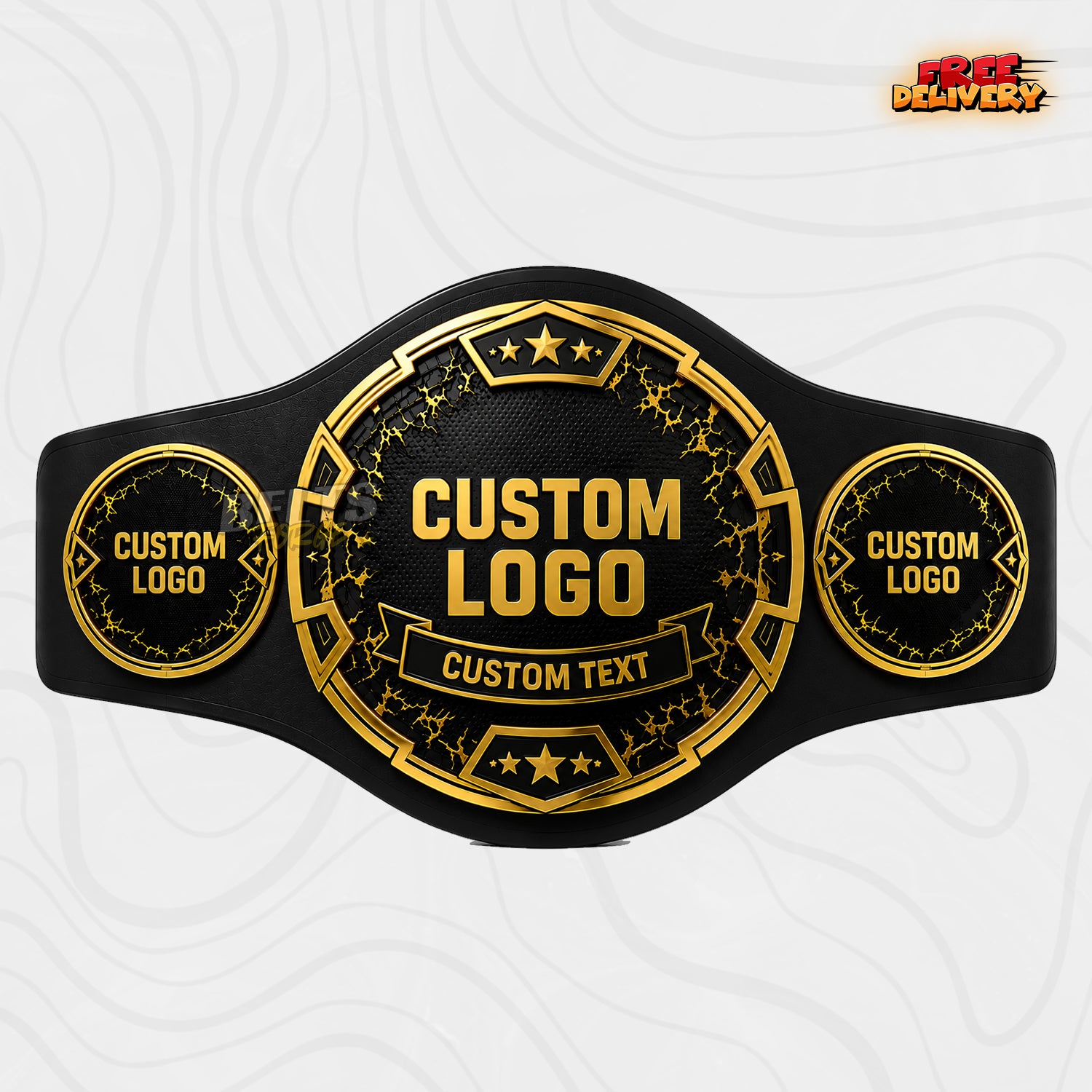 Custom Black and Gold Star Championship Belt in black genuine leather strap showing round plate with lightning crack and star crest by Belts Forge