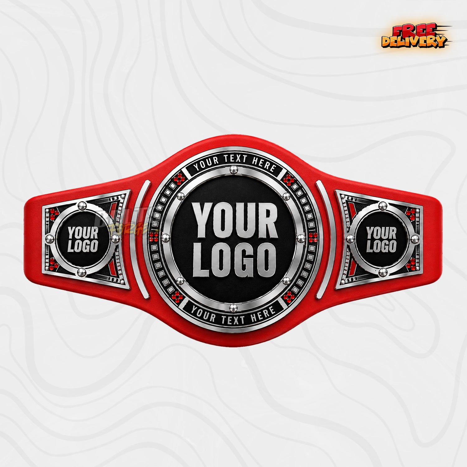 Custom Silver Ruby Round Championship Belt in red genuine leather strap showing chrome plates with ruby red stones
