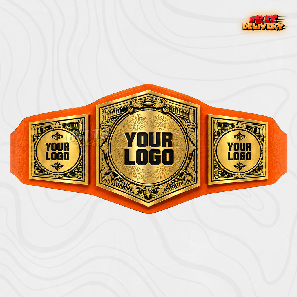 Custom Victorian Roman Column Championship Belt in orange genuine leather strap showing gold antique column plate with fleur-de-lis side plates