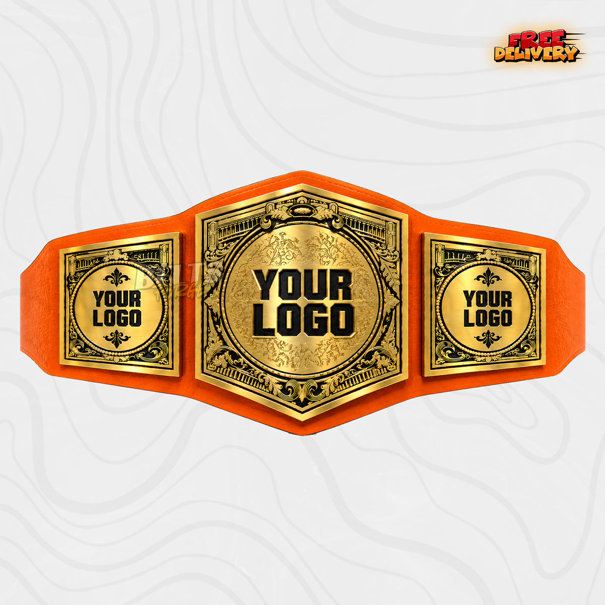 Custom Victorian Roman Column Championship Belt in orange genuine leather strap showing gold antique column plate with fleur-de-lis side plates