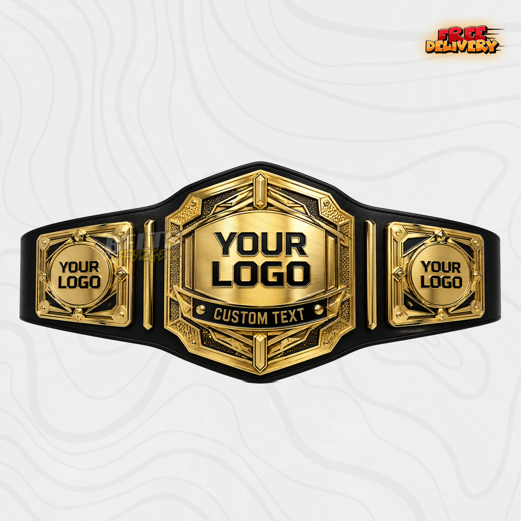 Custom Art Deco Hexagon Championship Belt in black genuine leather strap showing gold art deco hexagon plate by Belts Forge