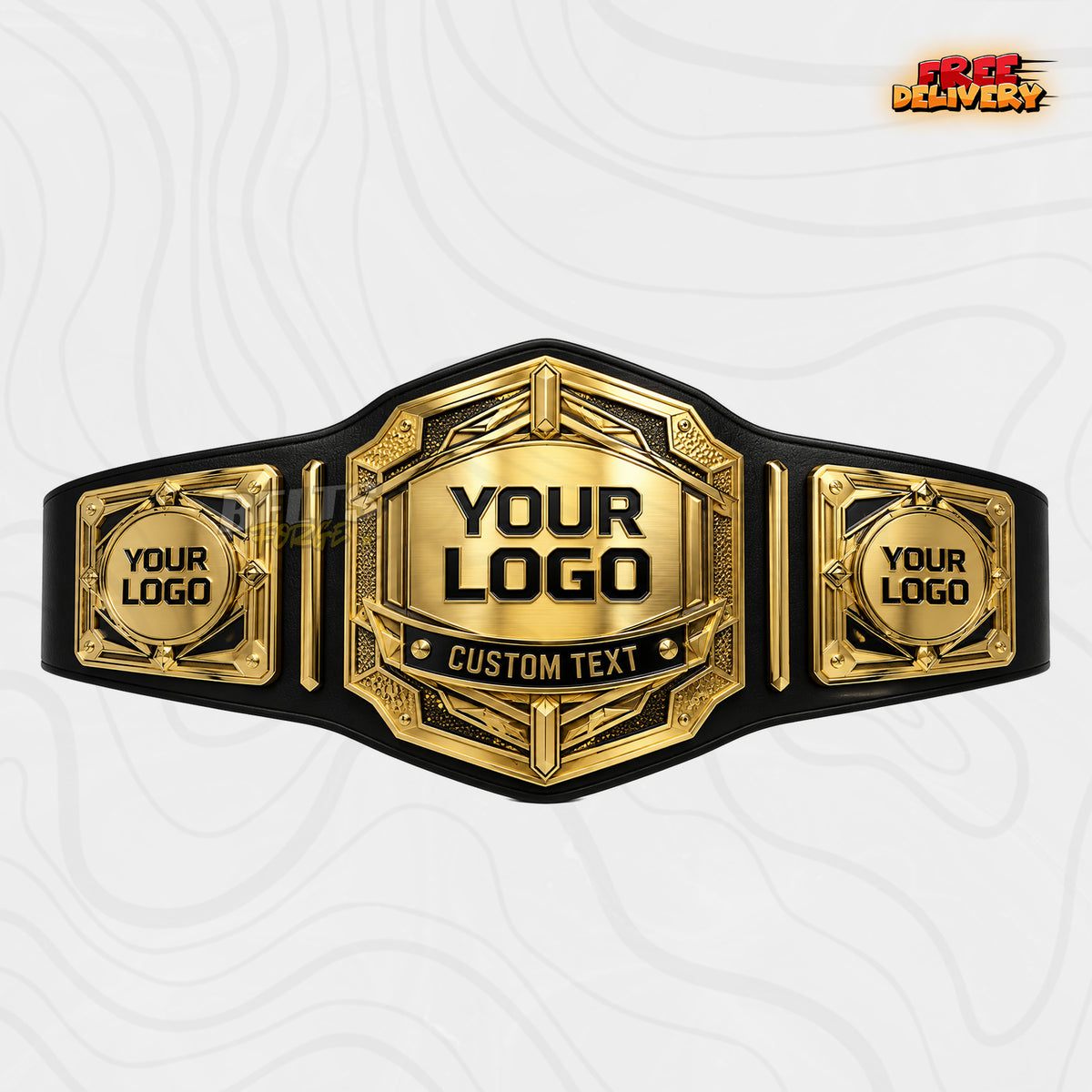 Custom Art Deco Hexagon Championship Belt in black genuine leather strap showing gold art deco hexagon plate by Belts Forge