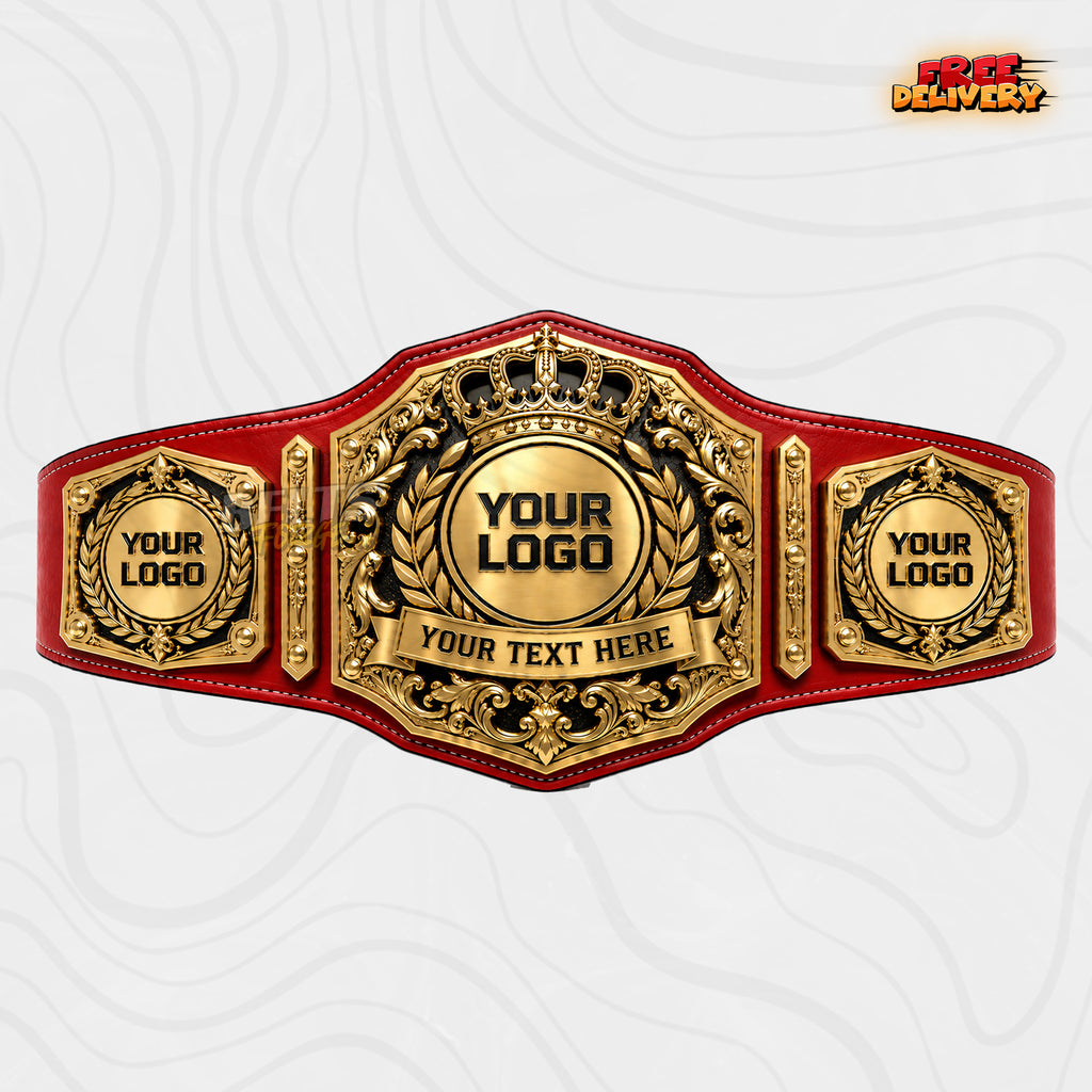 Custom Royal Crown Baroque Scroll Championship Belt in red genuine leather strap showing gold baroque crown laurel plate with personalized logo