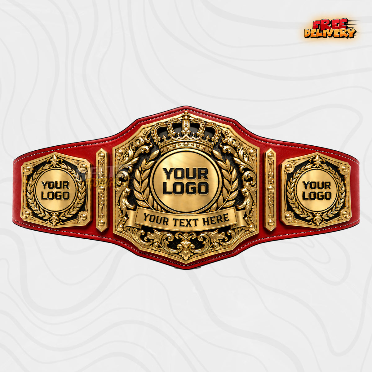 Custom Royal Crown Baroque Scroll Championship Belt in red genuine leather strap showing gold baroque crown laurel plate with personalized logo
