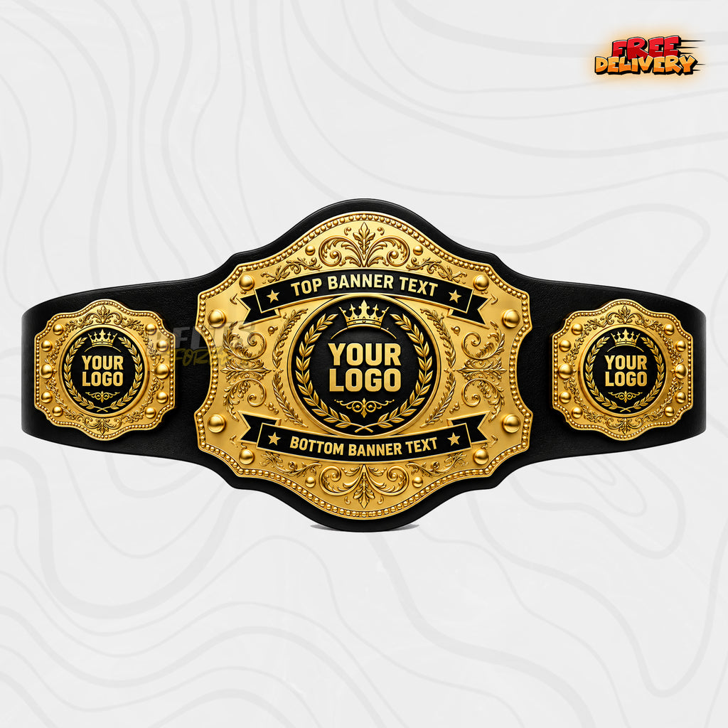 Custom Gold Baroque Banner Championship Belt in black genuine leather strap showing gold baroque plate with top and bottom banner text and three logo plates by Belts Forge