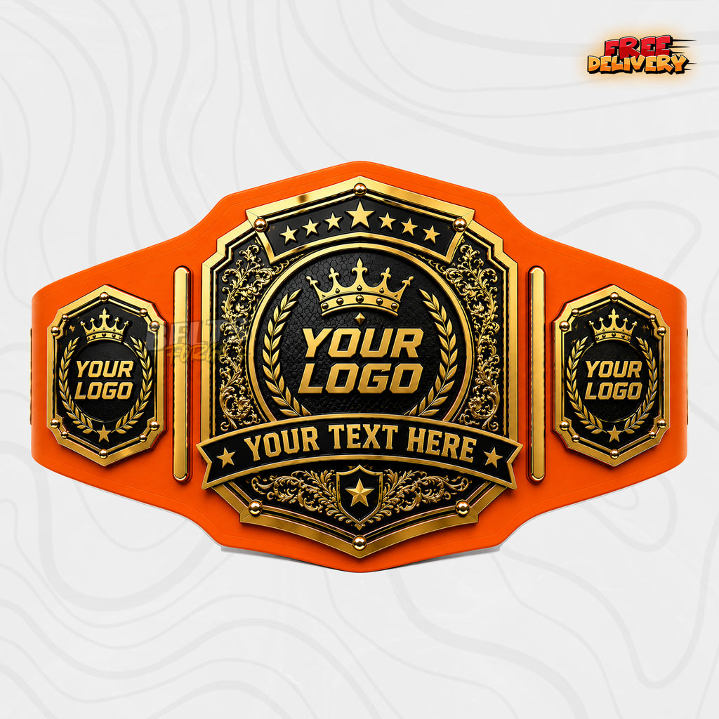 Custom Black and Gold Filigree Medallion Championship Belt in orange genuine leather strap showing baroque gold plates with star bar and text ribbon