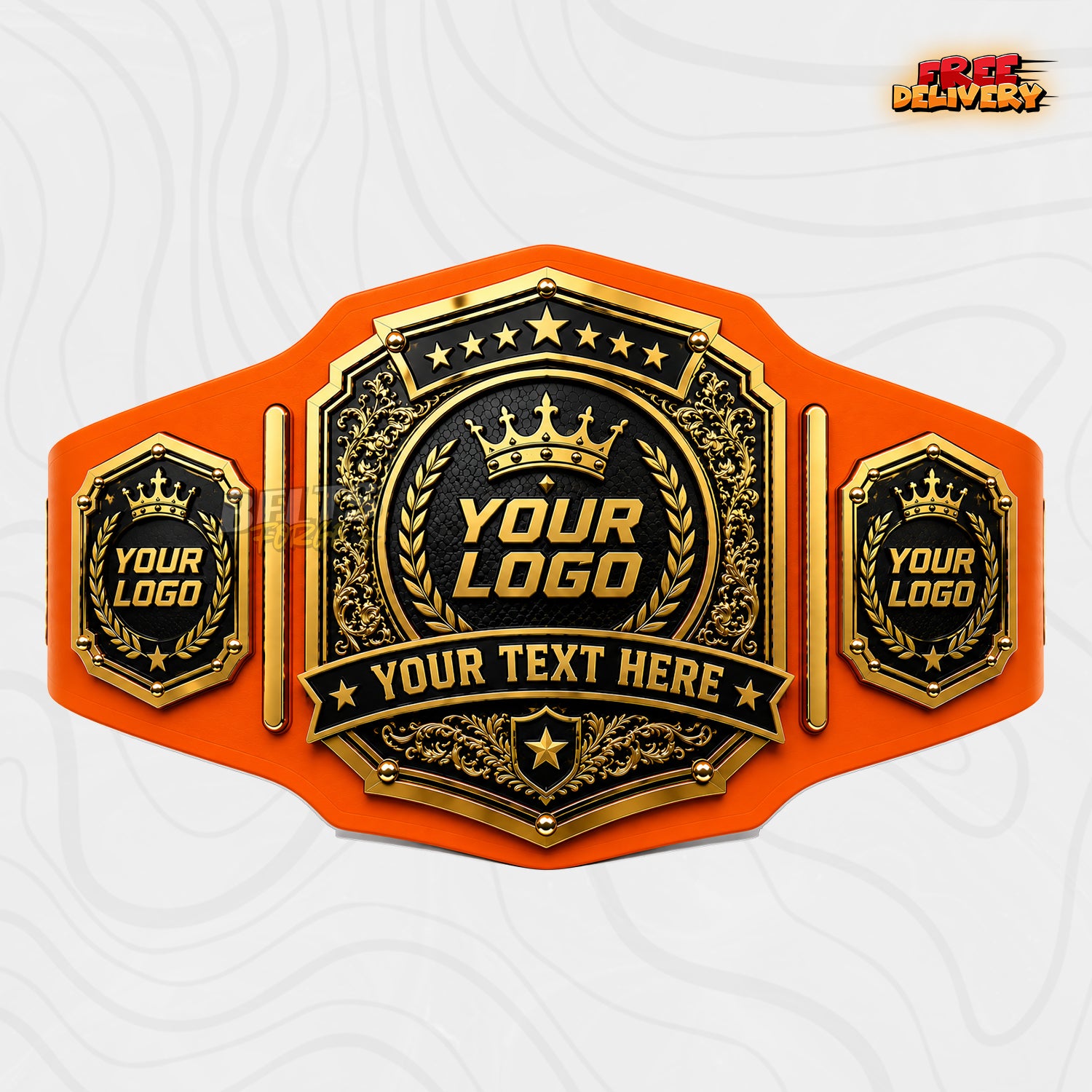 Custom Black and Gold Filigree Medallion Championship Belt in orange genuine leather strap showing baroque gold plates with star bar and text ribbon