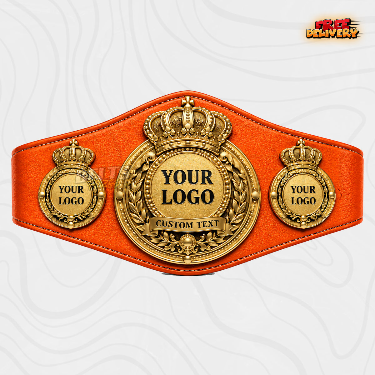Custom Royal Crown Medallion Championship Belt in orange genuine leather strap showing gold beaded crown medallion plate with personalized logo