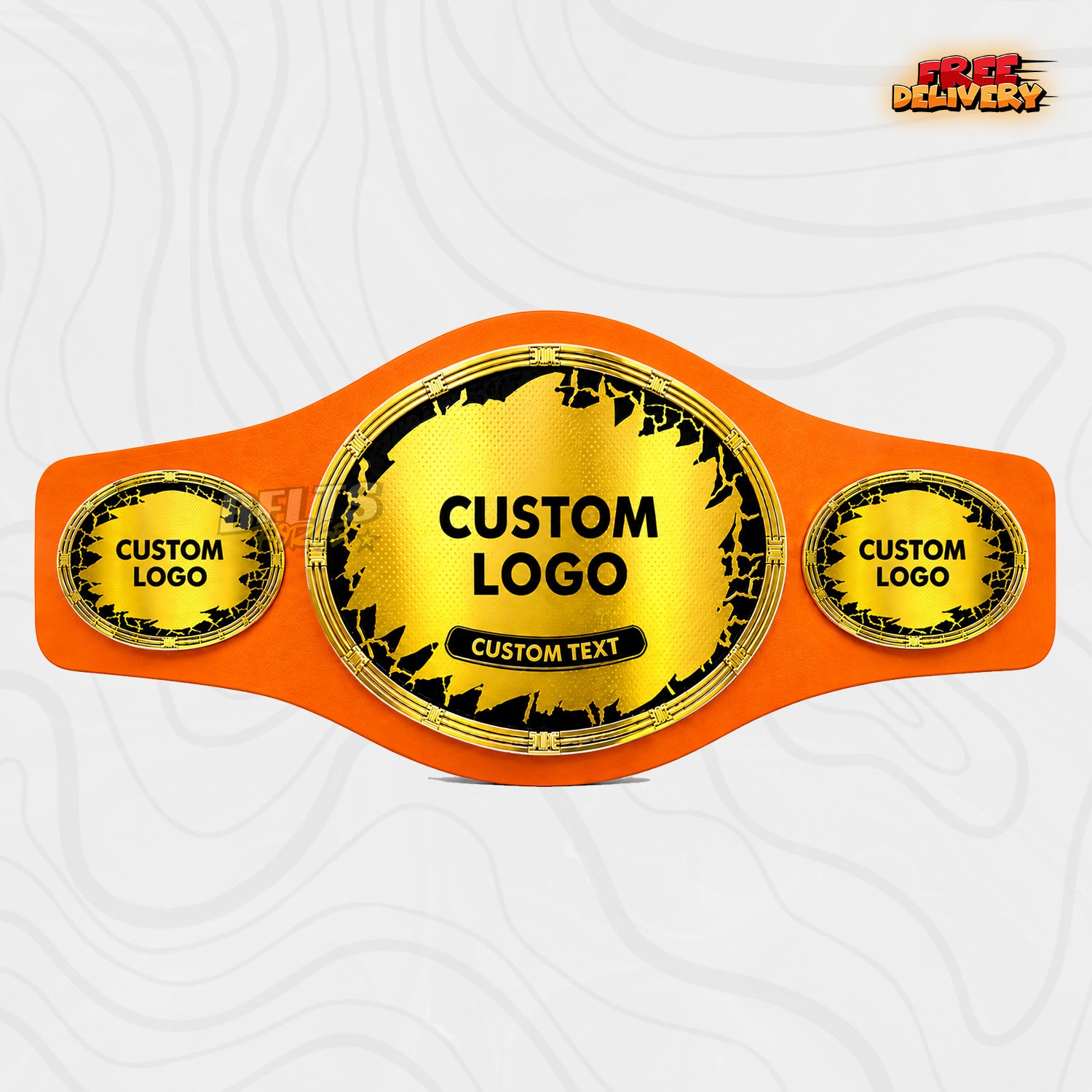 Custom Shattered Oval Championship Belt in orange genuine leather strap showing gold and black cracked oval plates with personalized logo