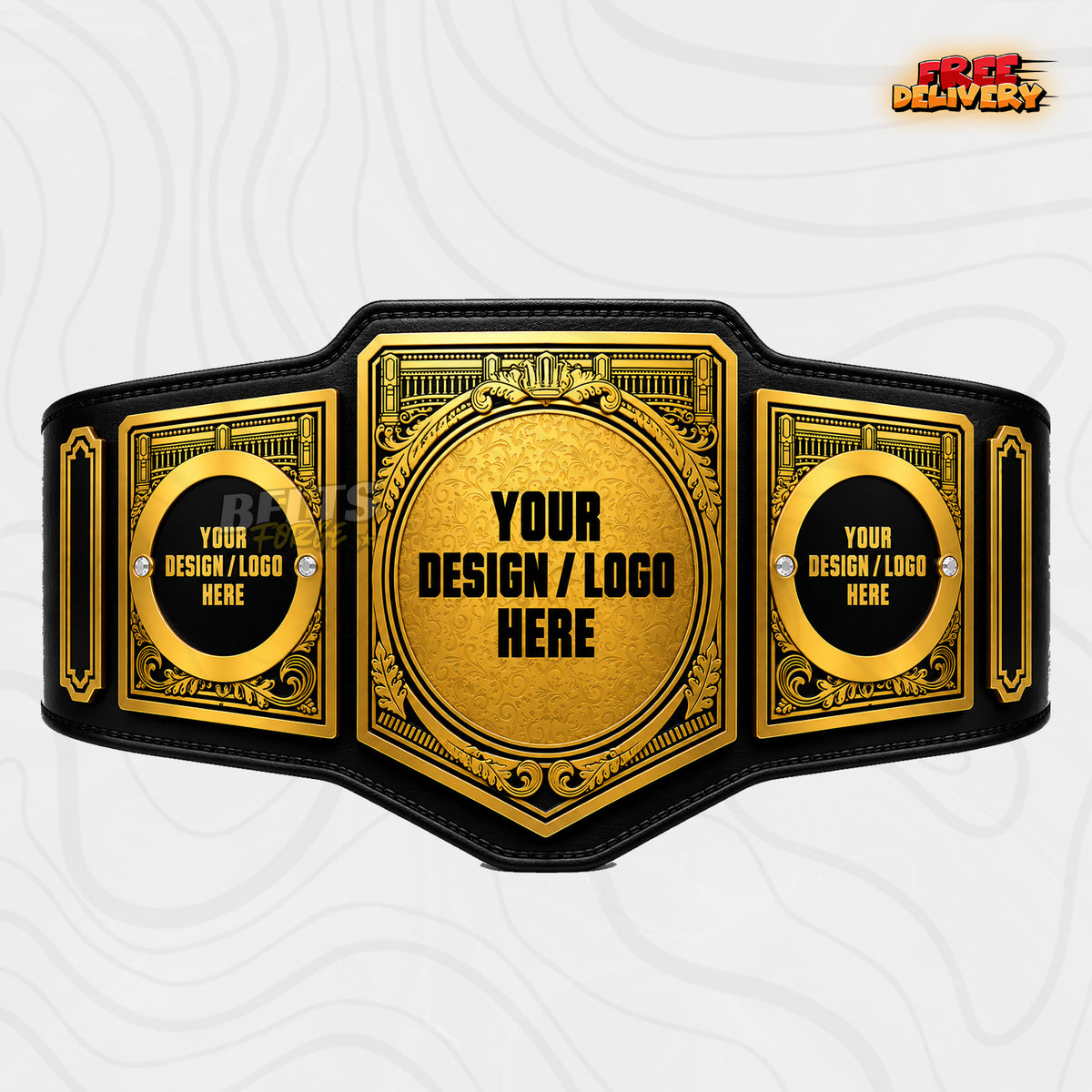 Custom Damask Shield Championship Belt in black genuine leather strap showing gold and black damask shield plate with custom logo by Belts Forge