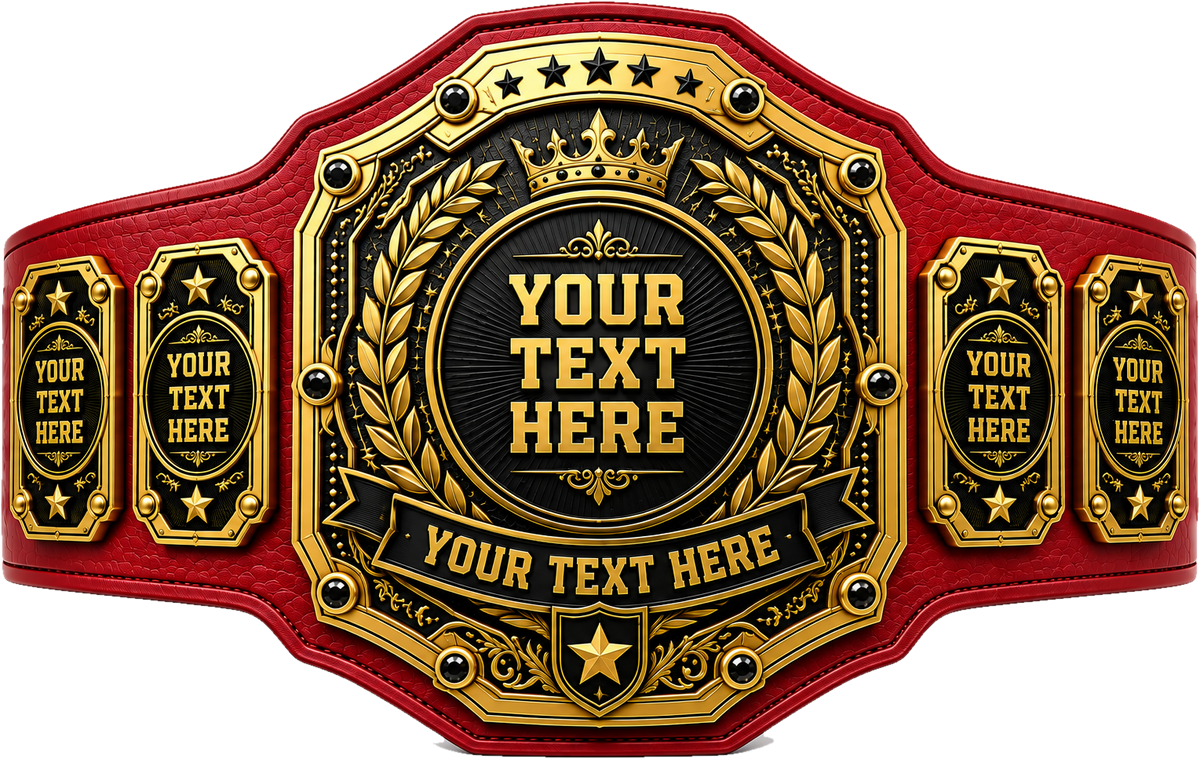 Custom Black and Gold Onyx Crown Championship Belt in red genuine leather strap showing gold black engraved crown plates with custom name banner