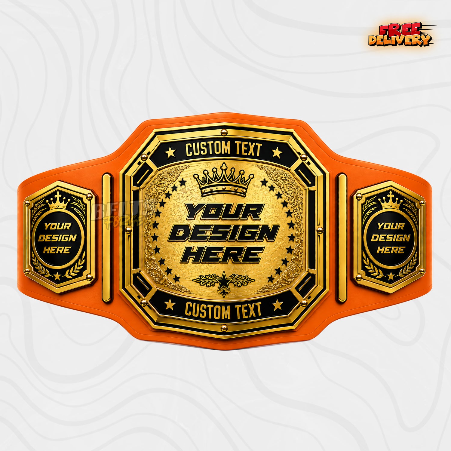 Custom Crown Star Arc Championship Belt in orange genuine leather strap showing black gold octagon plates with crown and laurel side plates