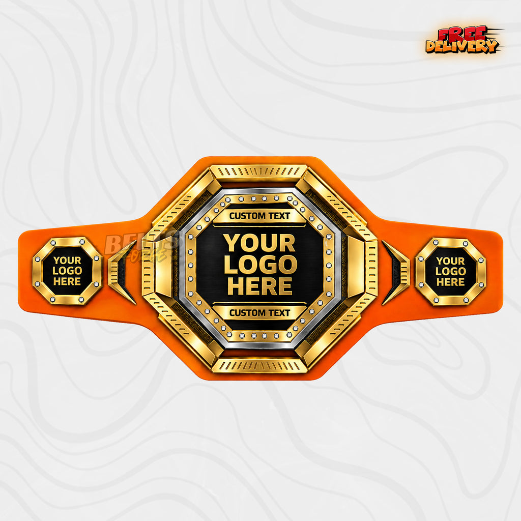 Custom Rhinestone Octagon Championship Belt in orange genuine leather strap showing black and gold octagon plates with custom text bars