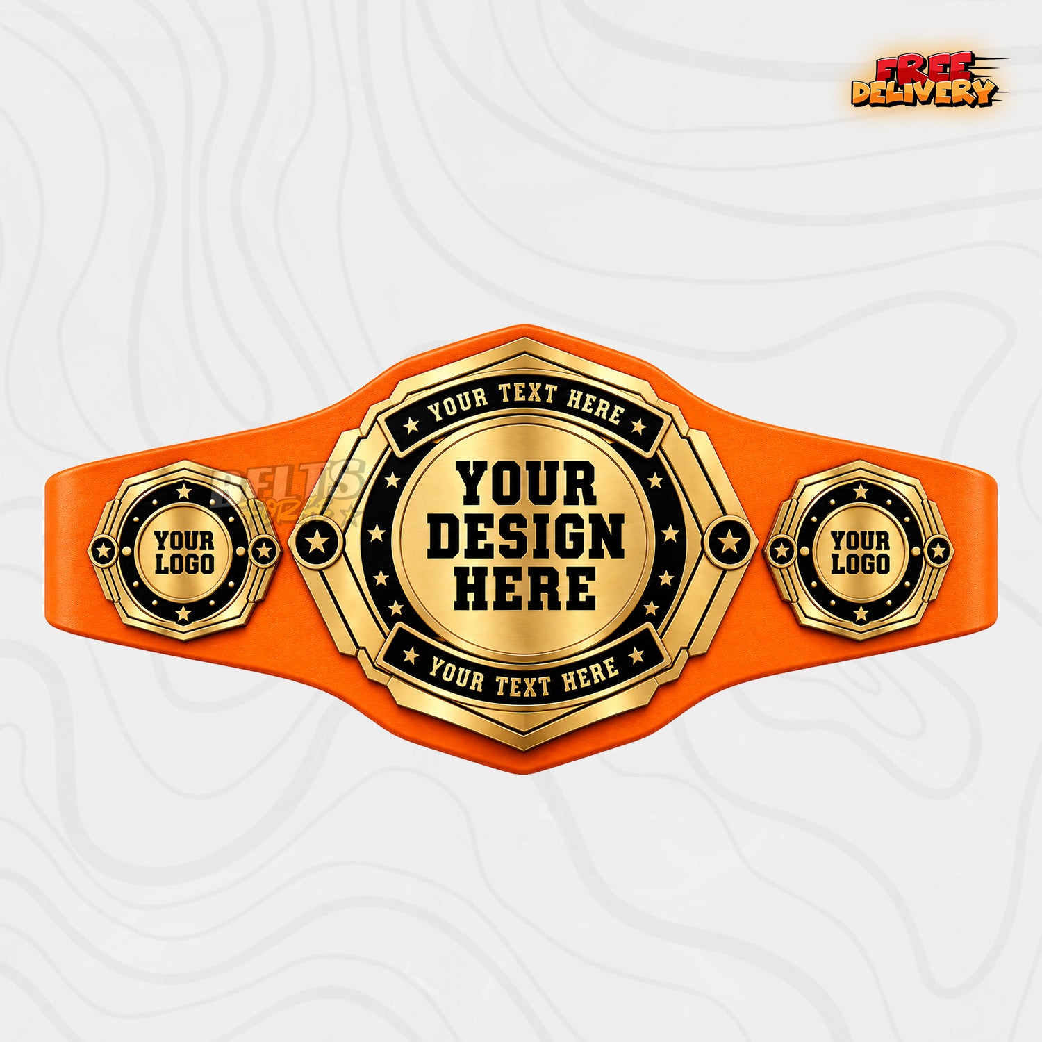 Custom Gold Octagon Championship Belt in orange genuine leather strap showing black and gold octagonal plates with logo side plates